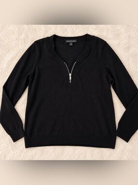 Black Zip-Front V-Neck Sweater